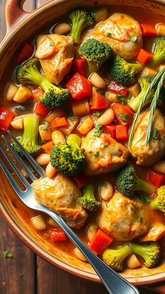 A golden brown chicken and vegetable casserole with broccoli and bell peppers in a rustic dish.